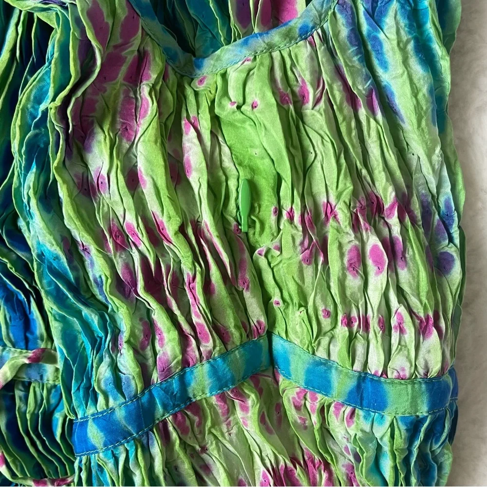 CALYPSO ST BARTH  100% Silk Pleated Maxi Dress Tie Dye Boho Blue Pink Green L - Picture 9 of 15